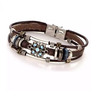 Boho Beaded Leather Rope Bracelet Turquoise Flower